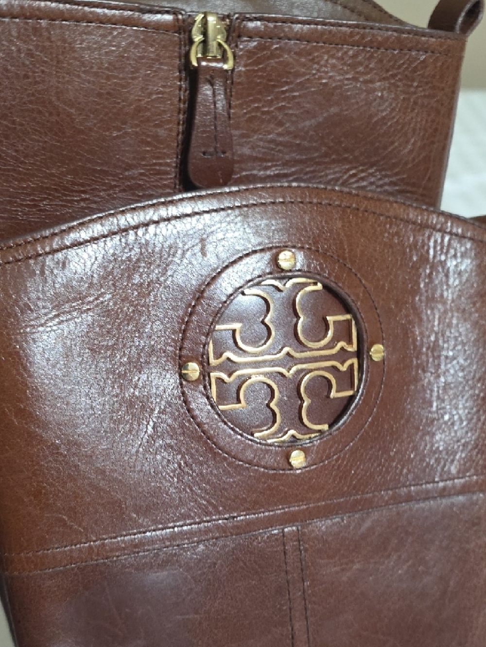 Tory Burch Brown Leather Tall Logo-Embellished Riding Boots - Picture 3 of 7